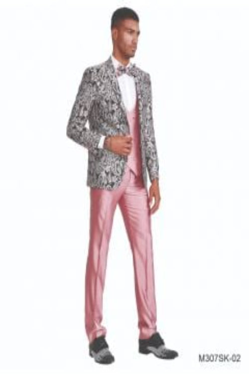Tazio Men's Skinny Fit 4-Piece Jacquard Suit Bright pink suit