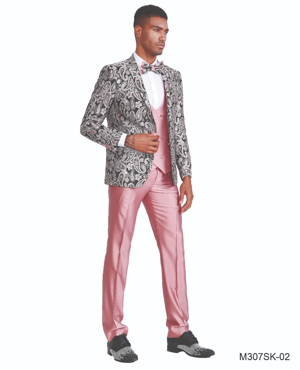 Tazio Men's Skinny Fit 4-Piece Jacquard Suit Bright - 38 Short Jacket+32 Waist Adjustable 28to34)(Height: 5 4 to5 7 )(Neck 15-16.5)S-M)
