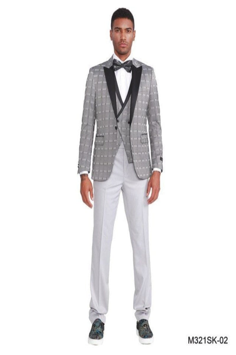 Design Sean Alexander Mens 3 Piece Skinny Fit Windowpane Suit Fashionable & Sophisticated - 38 Short Jacket+32 Waist Adjustable 28to34)(Height: 5 4 to5 7 )(Neck 15-16.5)S-M)