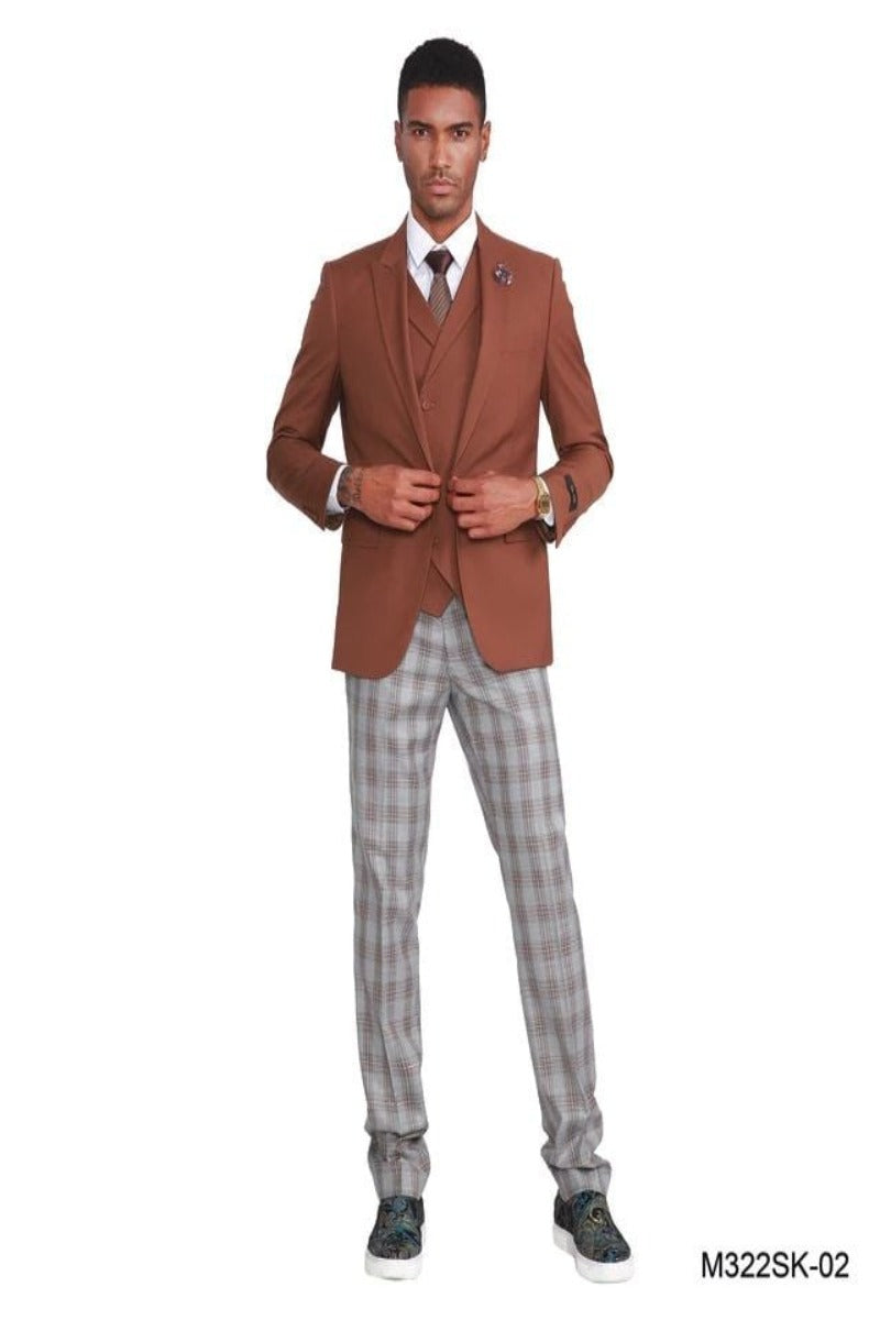 Vest & Jacket Tazio Men's Skinny Fit 3 Piece Plaid Suit Pants Vest & Jacket - 38 Short Jacket+32 Waist Adjustable 28to34)(Height: 5 4 to5 7 )(Neck 15-16.5)S-M)