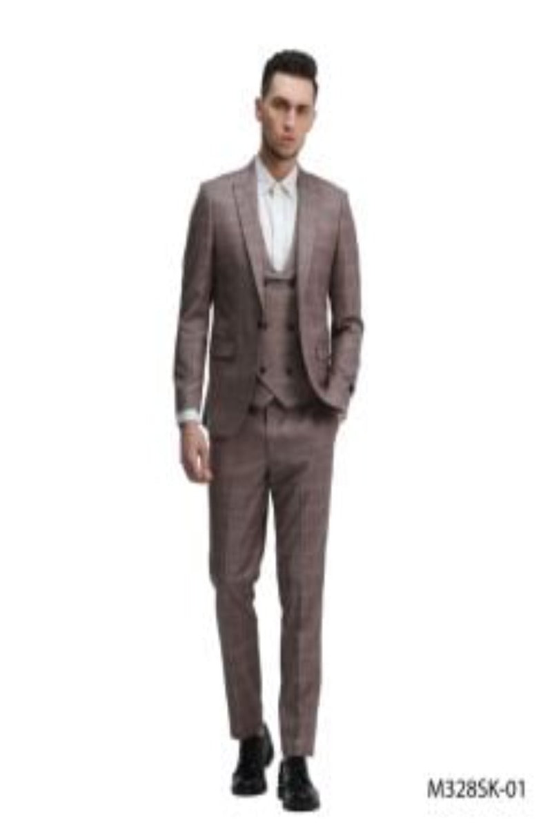 Design Tazio Men's Skinny Fit 3 Piece Windowpane Suit Sleek Tailored Look - 38 Short Jacket+32 Waist Adjustable 28to34)(Height: 5 4 to5 7 )(Neck 15-16.5)S-M)