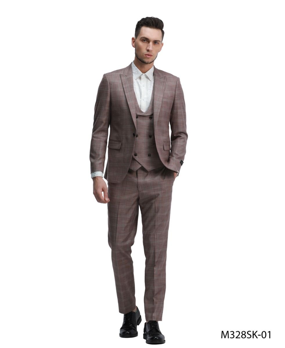 Design Tazio Men's Skinny Fit 3 Piece Windowpane Suit Sleek Tailored Look - 38 Short Jacket+32 Waist Adjustable 28to34)(Height: 5 4 to5 7 )(Neck 15-16.5)S-M)