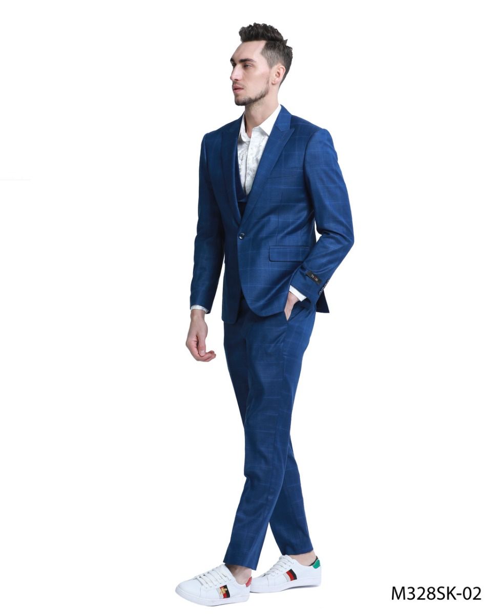 Design Tazio Men's Skinny Fit 3 Piece Windowpane Suit Sleek Tailored Look - 38 Short Jacket+32 Waist Adjustable 28to34)(Height: 5 4 to5 7 )(Neck 15-16.5)S-M)