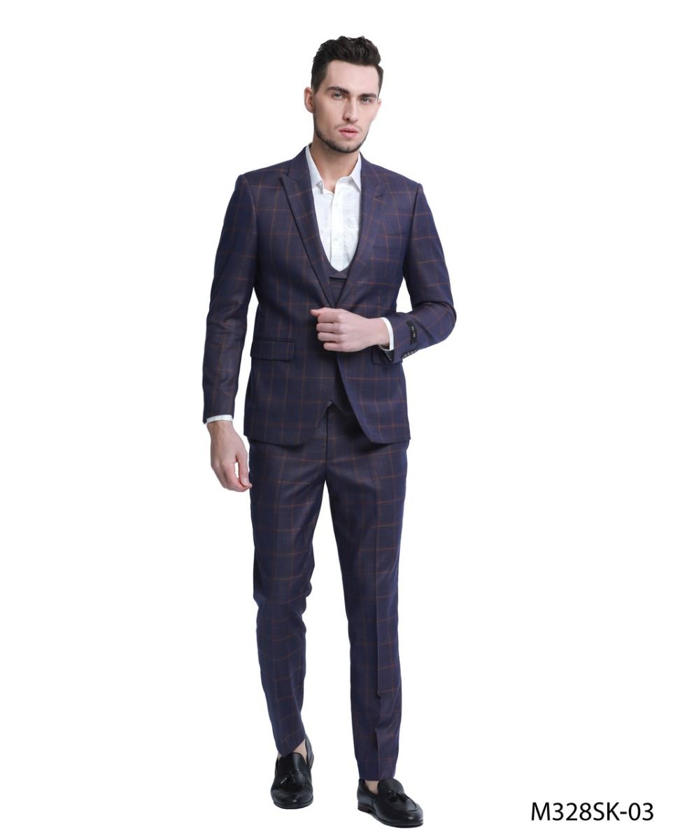Design Tazio Men's Skinny Fit 3 Piece Windowpane Suit Sleek Tailored Look - 38 Short Jacket+32 Waist Adjustable 28to34)(Height: 5 4 to5 7 )(Neck 15-16.5)S-M)