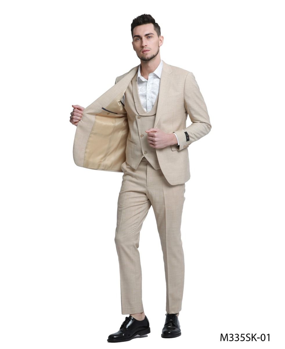 Tazio Men's 3 Piece Skinny Fit Suit Textured Solid Fabric - 38 Short Jacket+32 Waist Adjustable 28to34)(Height: 5 4 to5 7 )(Neck 15-16.5)S-M)