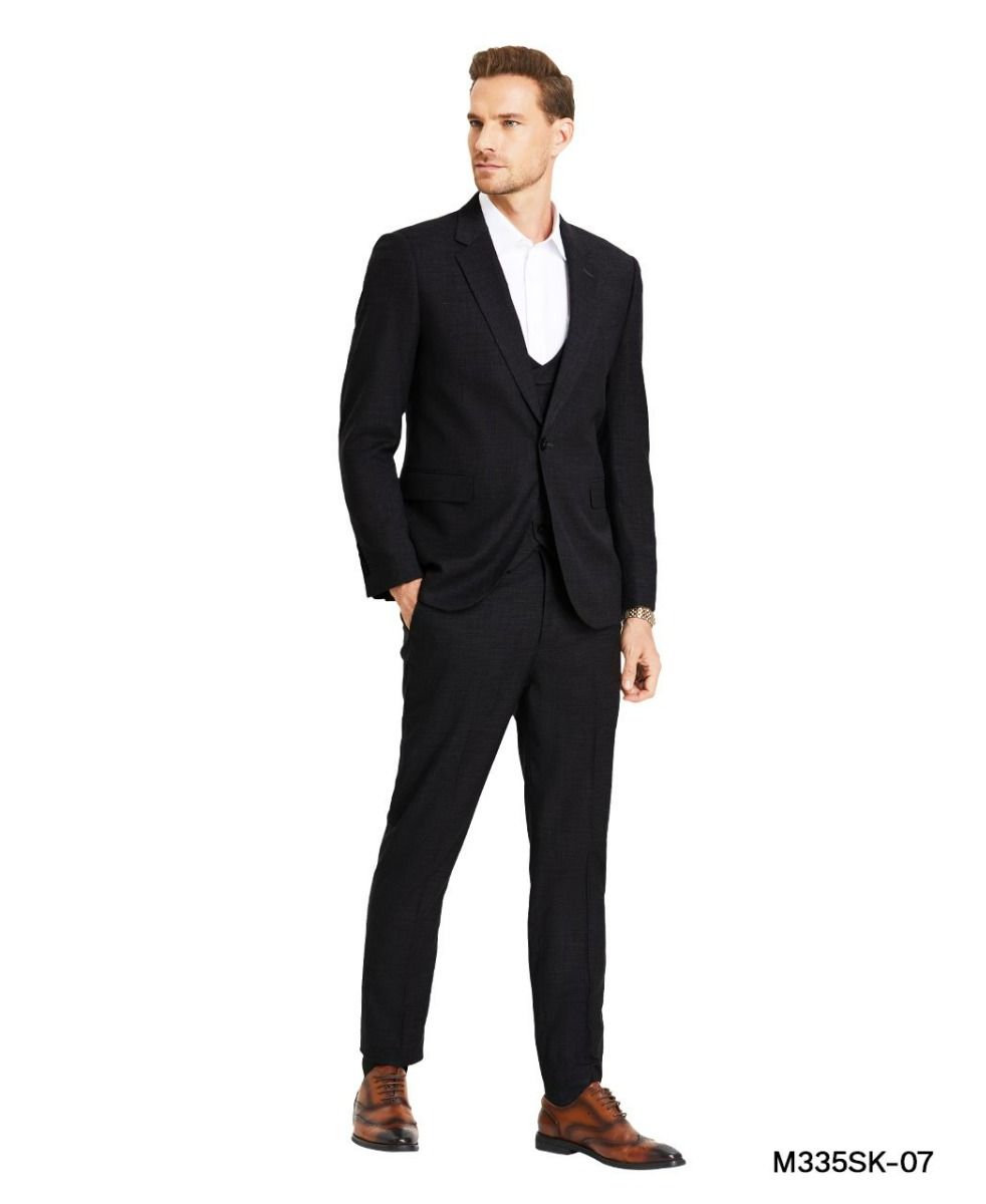 Tazio Men's 3 Piece Skinny Fit Suit Textured Solid Fabric - 38 Short Jacket+32 Waist Adjustable 28to34)(Height: 5 4 to5 7 )(Neck 15-16.5)S-M)
