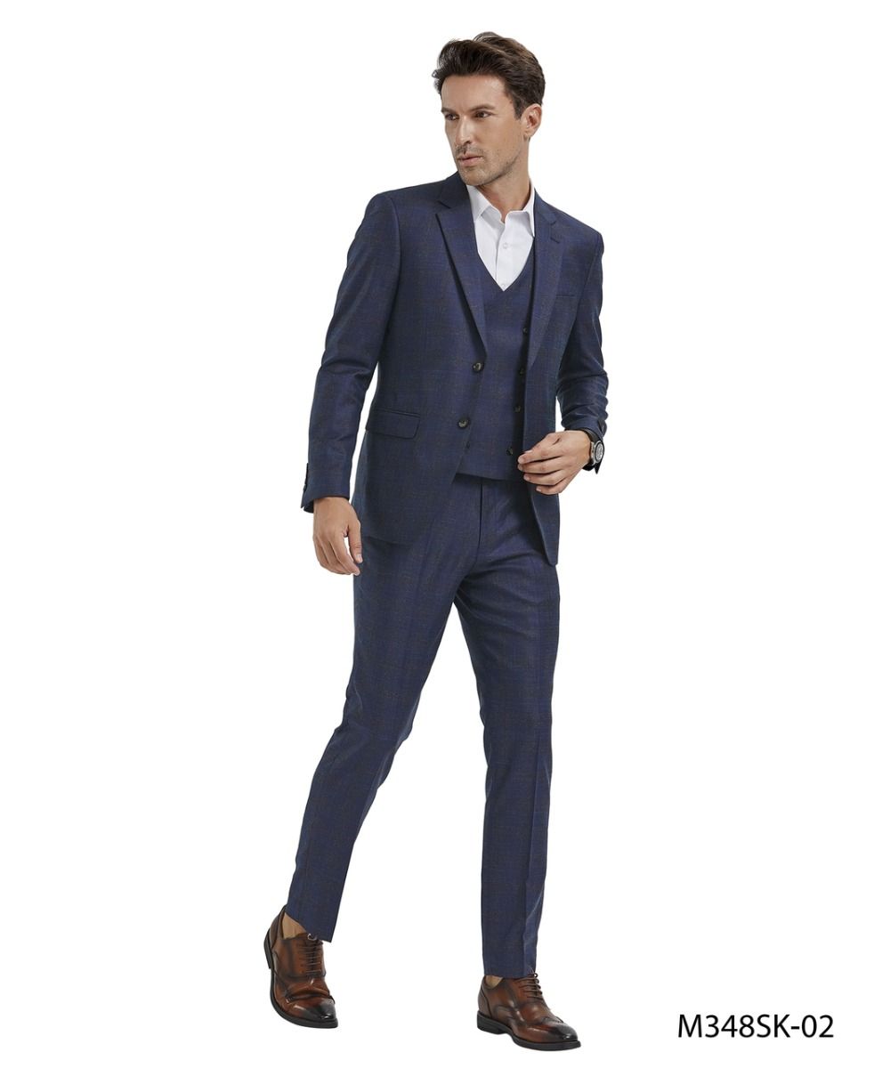 Tazio Men's Light Windowpane Skinny Fit 3-Piece Suit Perfect for Formal Occasions - 38 Short Jacket+32 Waist Adjustable 28to34)(Height: 5 4 to5 7 )(Neck 15-16.5)S-M)