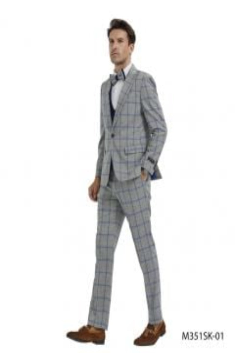 Tazio Men's Skinny Fit 4 Piece Suit Bold Windowpane Plaid - 38 Short Jacket+32 Waist Adjustable 28to34)(Height: 5 4 to5 7 )(Neck 15-16.5)S-M)