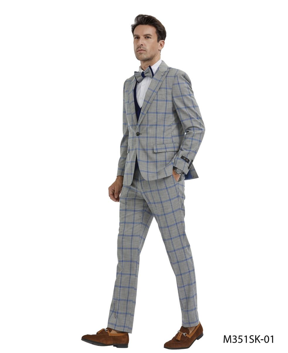 Tazio Men's Skinny Fit 4 Piece Suit Bold Windowpane Plaid - 38 Short Jacket+32 Waist Adjustable 28to34)(Height: 5 4 to5 7 )(Neck 15-16.5)S-M)