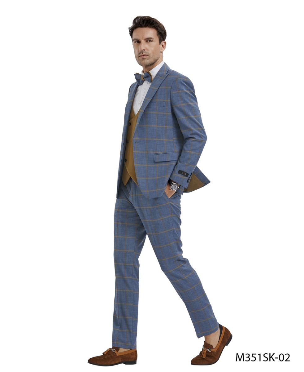 Tazio Men's Skinny Fit 4 Piece Suit Bold Windowpane Plaid - 38 Short Jacket+32 Waist Adjustable 28to34)(Height: 5 4 to5 7 )(Neck 15-16.5)S-M)