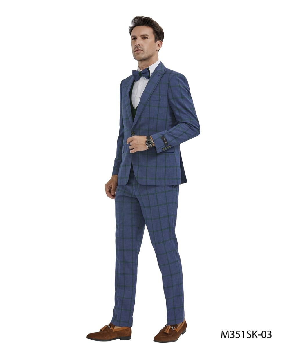 Tazio Men's Skinny Fit 4 Piece Suit Bold Windowpane Plaid - 38 Short Jacket+32 Waist Adjustable 28to34)(Height: 5 4 to5 7 )(Neck 15-16.5)S-M)