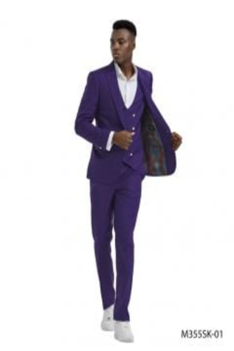 Tazio Men's Skinny Fit 3-Piece purple Suit - Bold Colors