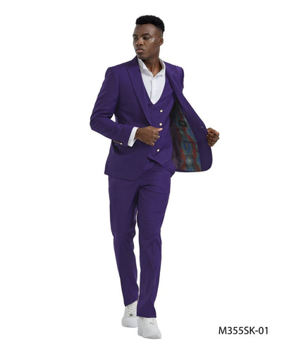 Tazio Men's Skinny Fit 3-Piece purple Suit - Bold Colors