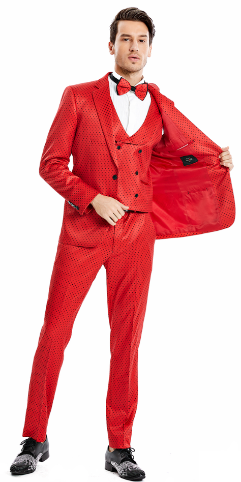 Tazio Men's Bright Polka Dot 4 Piece Skinny Fit Suit - 38 Short Jacket+32 Waist Adjustable 28to34)(Height: 5 4 to5 7 )(Neck 15-16.5)S-M)