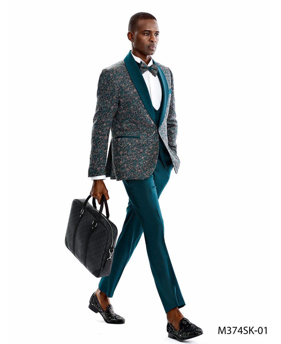 Tazio Men's Skinny Fit 3-Piece Suit - Scatter Dot Pattern - 38 Short Jacket+32 Waist Adjustable 28to34)(Height: 5 4 to5 7 )(Neck 15-16.5)S-M)