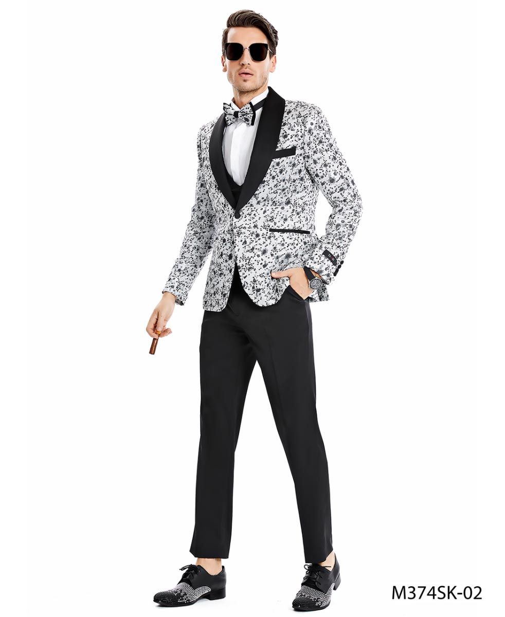 Tazio Men's Skinny Fit 3-Piece Suit - Scatter Dot Pattern - 38 Short Jacket+32 Waist Adjustable 28to34)(Height: 5 4 to5 7 )(Neck 15-16.5)S-M)