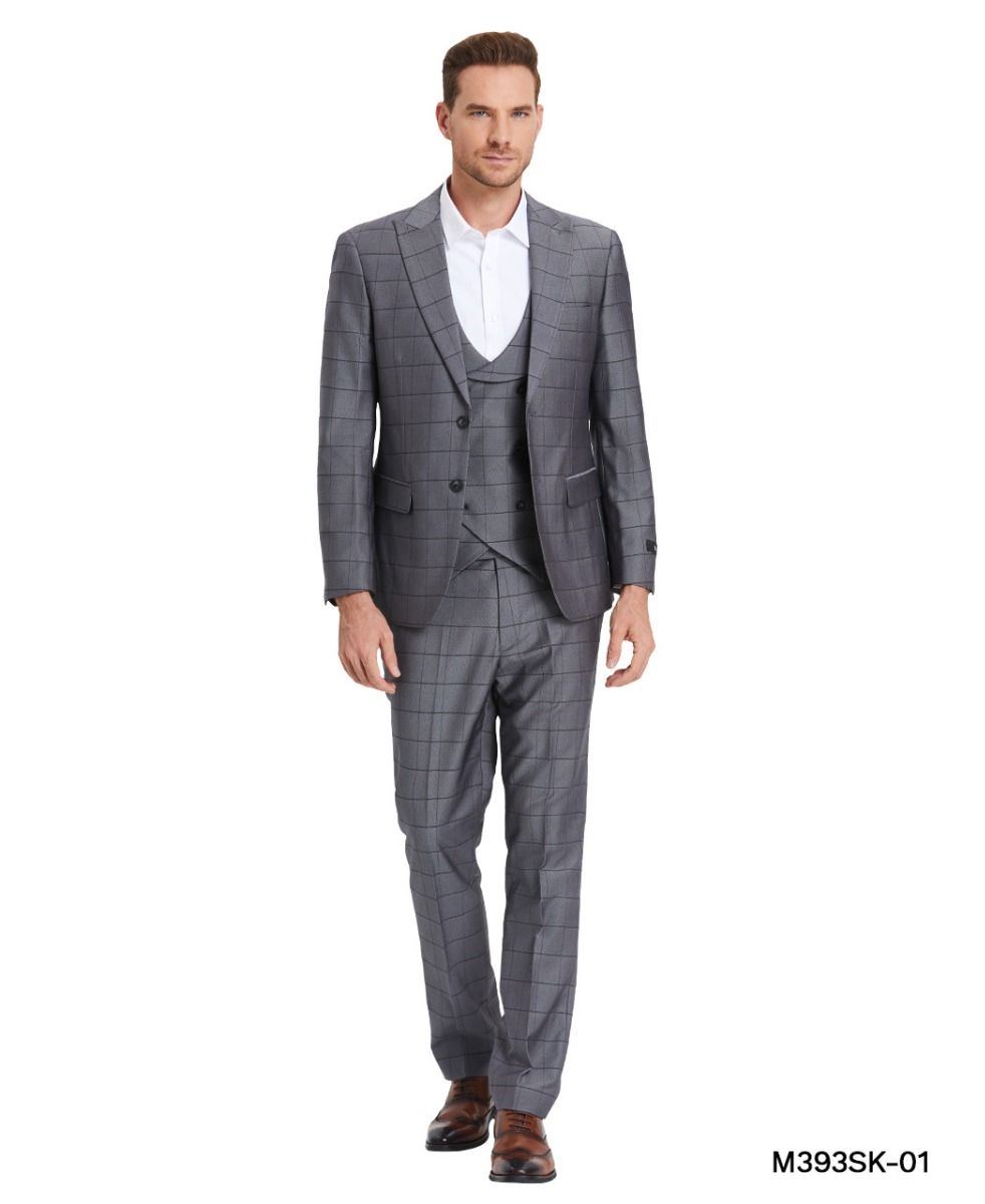 Tazio Men's Skinny Fit 3 Piece Suit Tone on Tone Windowpane - 38 Short Jacket+32 Waist Adjustable 28to34)(Height: 5 4 to5 7 )(Neck 15-16.5)S-M)