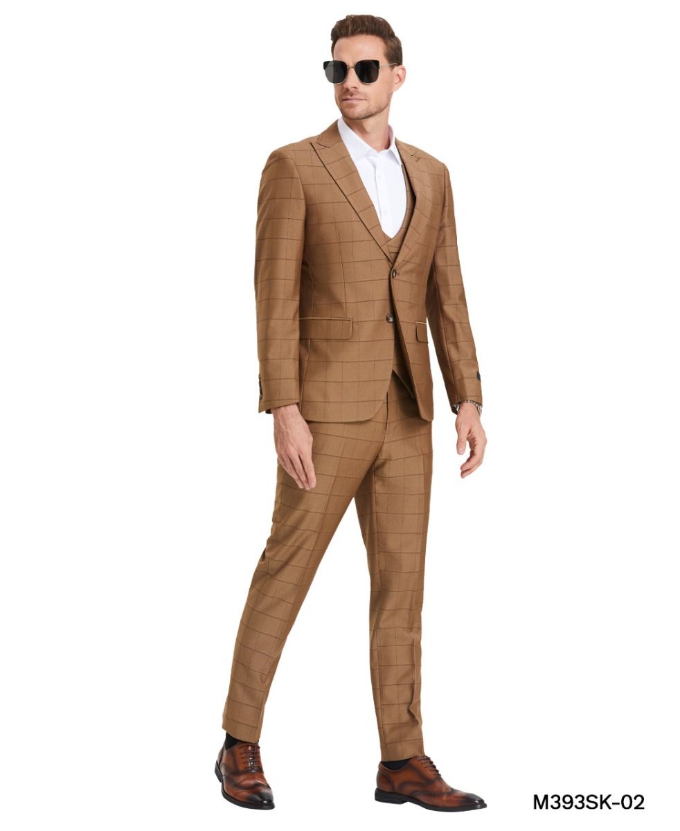 Tazio Men's Skinny Fit 3 Piece Suit Tone on Tone Windowpane - 38 Short Jacket+32 Waist Adjustable 28to34)(Height: 5 4 to5 7 )(Neck 15-16.5)S-M)