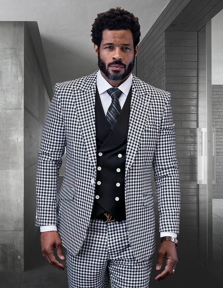 Statement Men's 100% Wool Checkered Plaid 3-Piece Suit - 38 Short Jacket+32 Waist Adjustable 28to34)(Height: 5 4 to5 7 )(Neck 15-16.5)S-M)