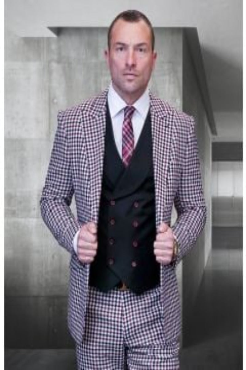 Statement Men's 100% Wool Checkered Plaid 3-Piece Suit - 38 Short Jacket+32 Waist Adjustable 28to34)(Height: 5 4 to5 7 )(Neck 15-16.5)S-M)