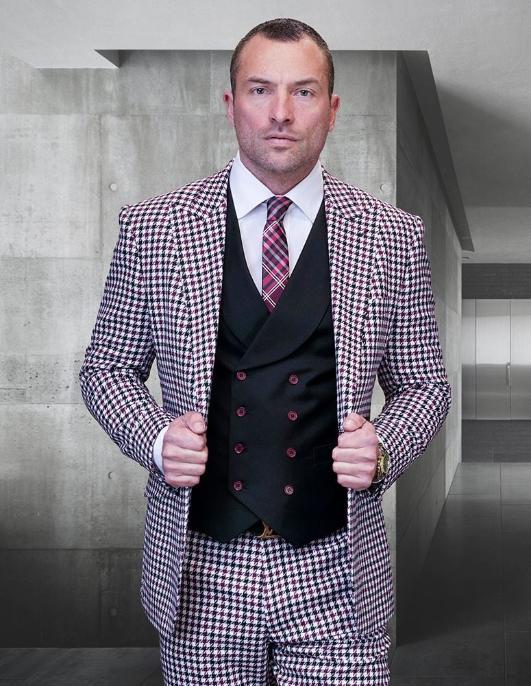 Statement Men's 100% Wool Checkered Plaid 3-Piece Suit - 38 Short Jacket+32 Waist Adjustable 28to34)(Height: 5 4 to5 7 )(Neck 15-16.5)S-M)