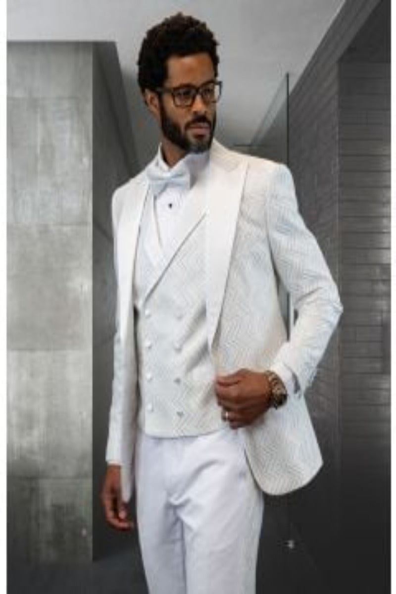 Men's 3-Piece Unique Fashion Statement Suit Textured Zigzag Pattern - 38 Short Jacket+32 Waist Adjustable 28to34)(Height: 5 4 to5 7 )(Neck  15-16.5)S-M)