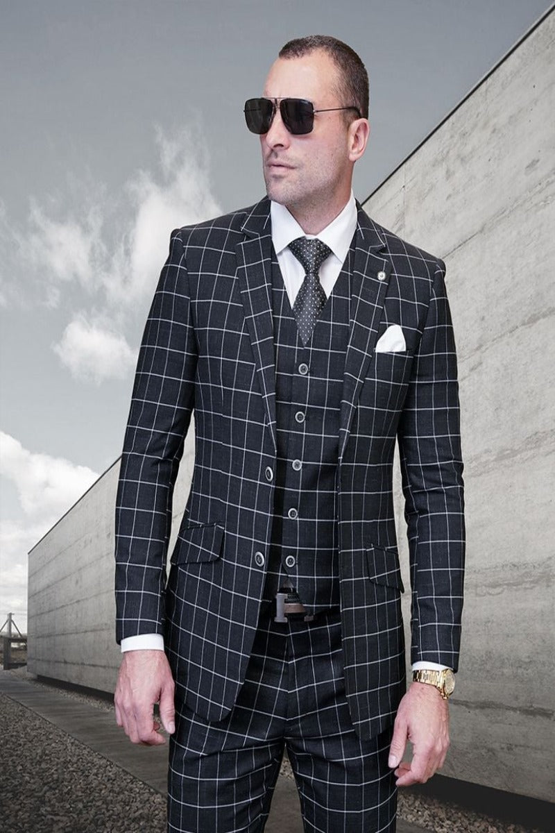 Plaid Men's 3 Piece Wool Suit Classic Windowpane Plaid Modern Fit - 38 Short Jacket+32 Waist Adjustable 28to34)(Height: 5 4 to5 7 )(Neck  15-16.5)S-M)