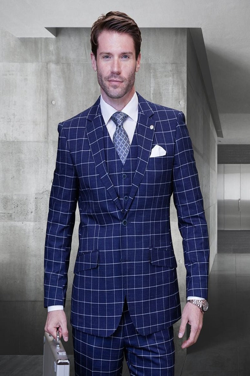 Plaid Men's 3 Piece Wool Suit Classic Windowpane Plaid Modern Fit - 38 Short Jacket+32 Waist Adjustable 28to34)(Height: 5 4 to5 7 )(Neck  15-16.5)S-M)