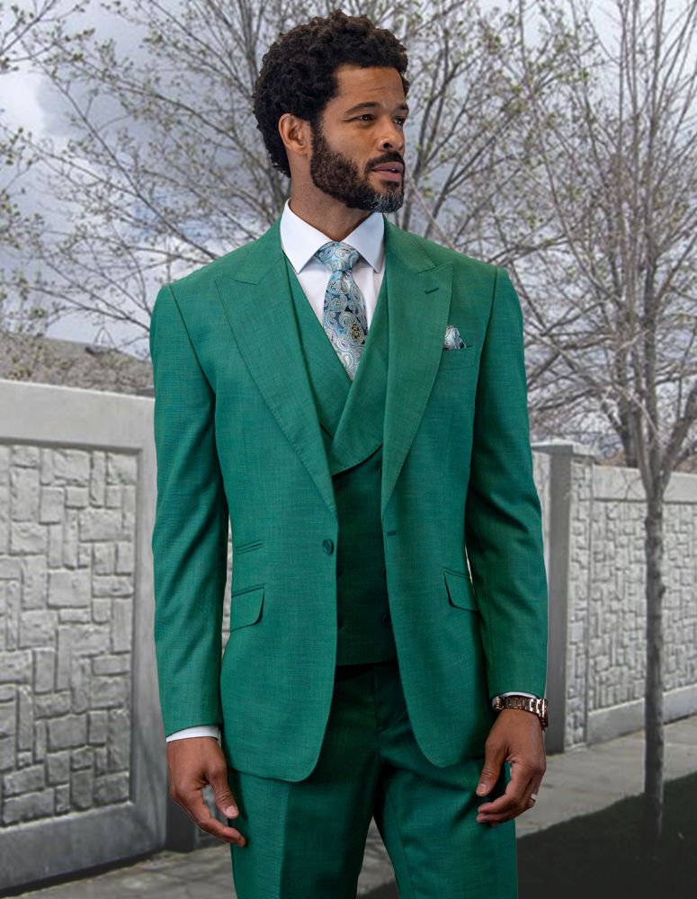 Statement Men's 100% Wool 3-Piece Suit - Light Texture and Comfort - 38 Short Jacket+32 Waist Adjustable 28to34)(Height: 5 4 to5 7 )(Neck 15-16.5)S-M)