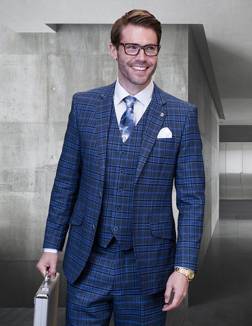 Windowpane Texture Business Pattern Modern Fit Side Vented Men's 3 Piece 100% Wool Plaid Suit - Triple Tone Design