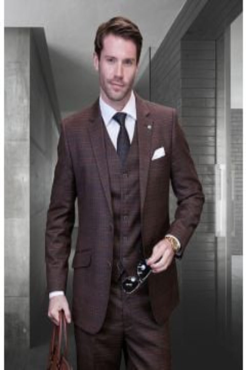 Men's 3-Piece Wool Cashmere Suit: Plaid Windowpane Design - 38 Short Jacket+32 Waist Adjustable 28to34)(Height: 5 4 to5 7 )(Neck 15-16.5)S-M)
