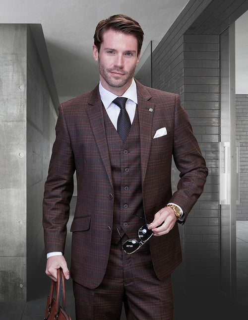 Men's 3-Piece Wool Cashmere Suit: Plaid Windowpane Design