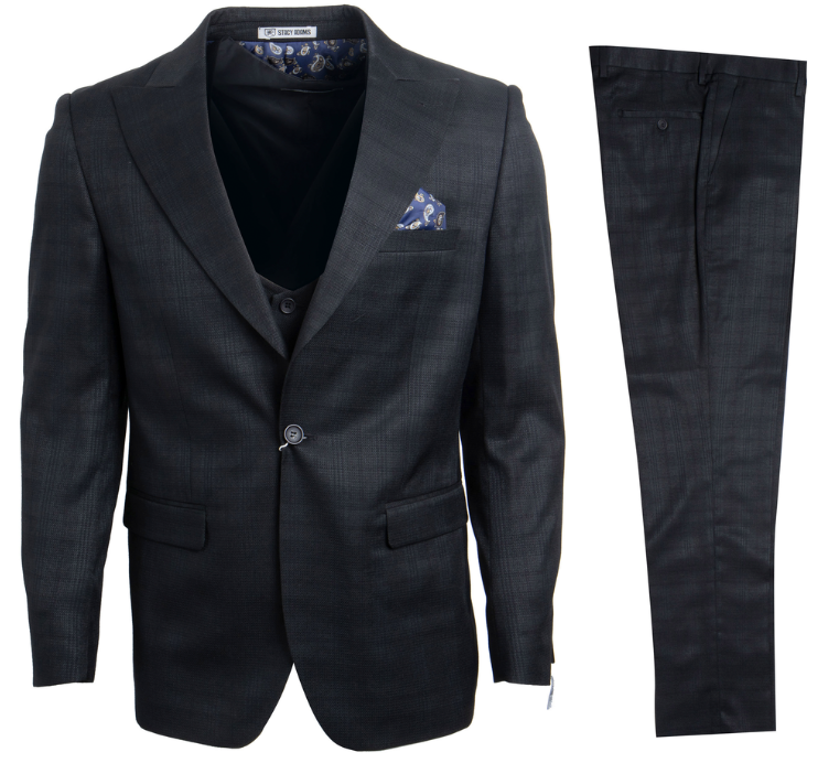 Stacy Adams Men's 3-Piece Glen Check Executive Slim Suit - 38 Short Jacket+32 Waist Adjustable 28to34)(Height: 5 4 to5 7 )(Neck 15-16.5)S-M)
