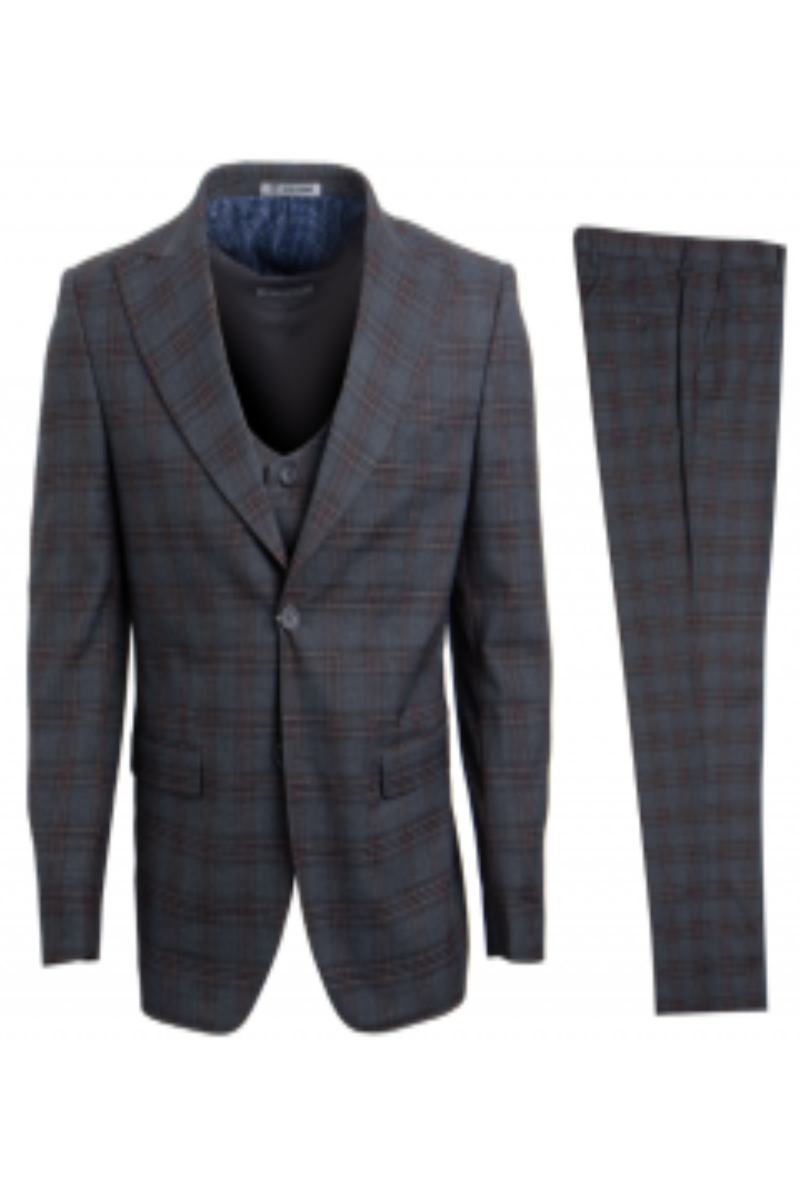 Stacy Adams Men's 3 Pc Executive Slim Fit Suit Glen Plaid - 38 Short Jacket+32 Waist Adjustable 28to34)(Height: 5 4 to5 7 )(Neck 15-16.5)S-M)