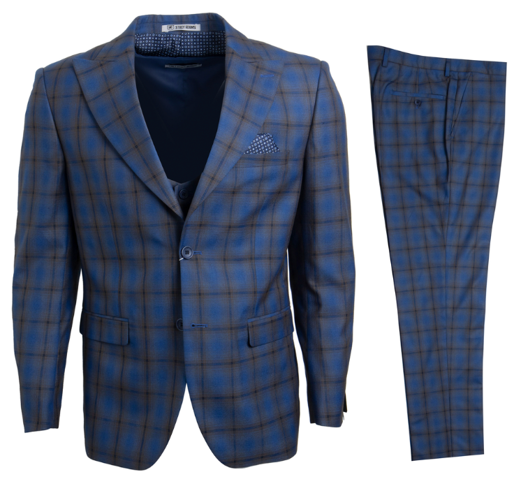 Stacy Adams Men's 3 Piece Executive Slim-Fit Suit with Windowpane Pattern - 38 Short Jacket+32 Waist Adjustable 28to34)(Height: 5 4 to5 7 )(Neck 15-16.5)S-M)