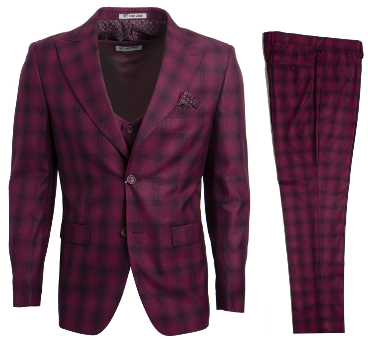 Stacy Adams Men's 3 Piece Executive Slim-Fit Suit with Windowpane Pattern - 38 Short Jacket+32 Waist Adjustable 28to34)(Height: 5 4 to5 7 )(Neck 15-16.5)S-M)