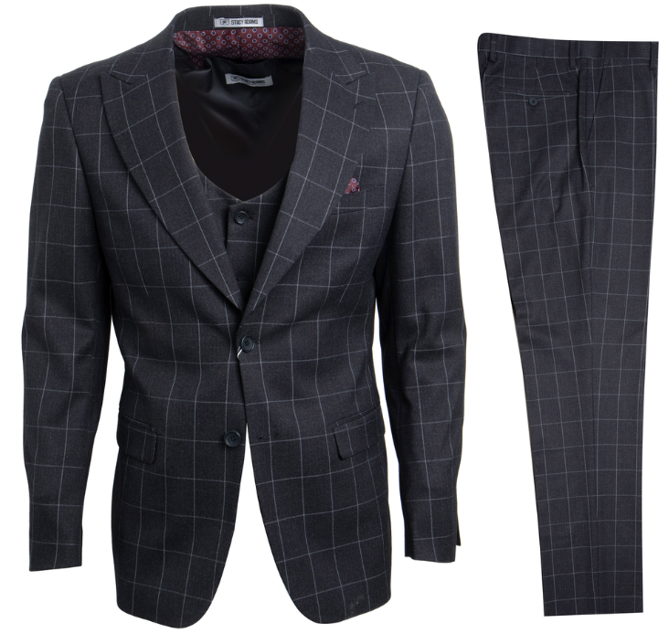 Stacy Adams Men's Slim Fit Windowpane 3-Piece Executive Suit - 38 Short Jacket+32 Waist Adjustable 28to34)(Height: 5 4 to5 7 )(Neck 15-16.5)S-M)