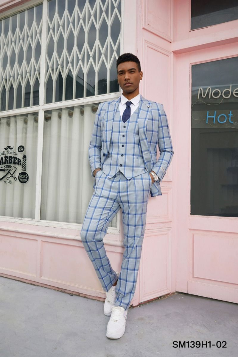 Stacy Adams Men's 3-Piece Hybrid Plaid Suit - 38 Short Jacket+32 Waist Adjustable 28to34)(Height: 5 4 to5 7 )(Neck 15-16.5)S-M)