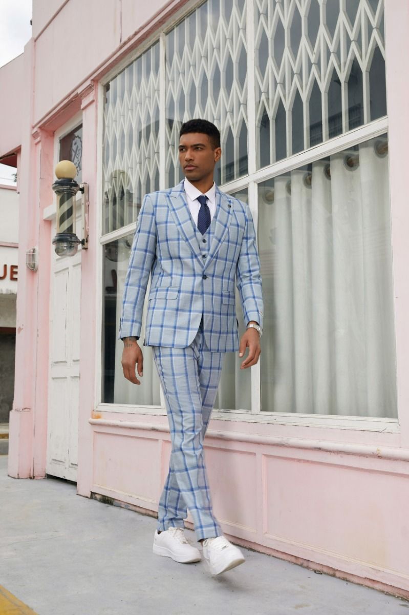 Stacy Adams Men's 3-Piece Hybrid Plaid Suit - 38 Short Jacket+32 Waist Adjustable 28to34)(Height: 5 4 to5 7 )(Neck 15-16.5)S-M)