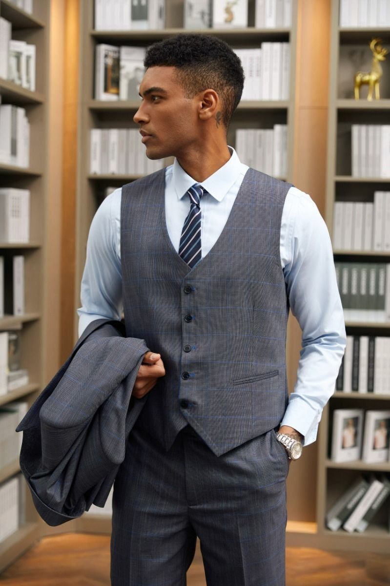Stacy Adams Men's 3pc Hybrid Suit Reversible Vest Contemporary & Bold - 38 Short Jacket+32 Waist Adjustable 28to34)(Height: 5 4 to5 7 )(Neck 15-16.5)S-M)