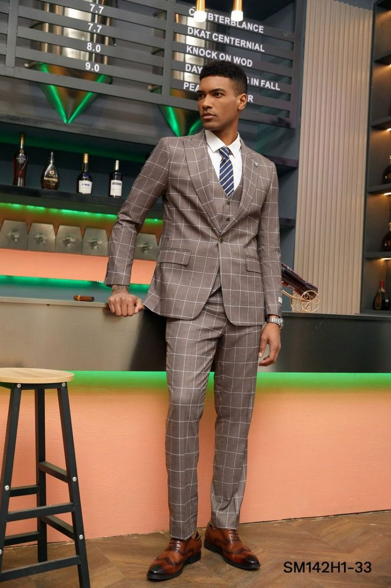 Stacy Adams Men's 3-Piece Hybrid Windowpane Suit - Outlet Edition - 34 Short or Extra Small
