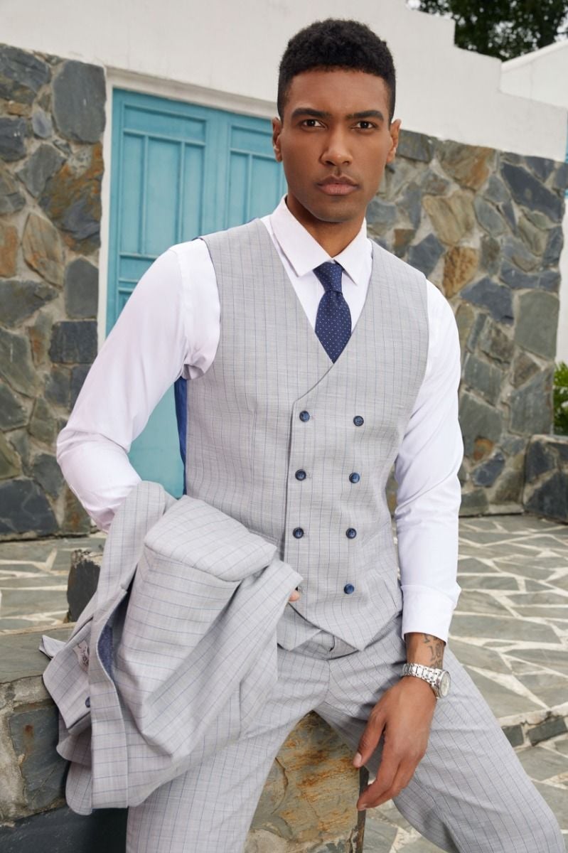 Stacy Adams Men's Hybrid Suit: Light Pattern 3-Piece - 38 Short Jacket+32 Waist Adjustable 28to34)(Height: 5 4 to5 7 )(Neck 15-16.5)S-M)