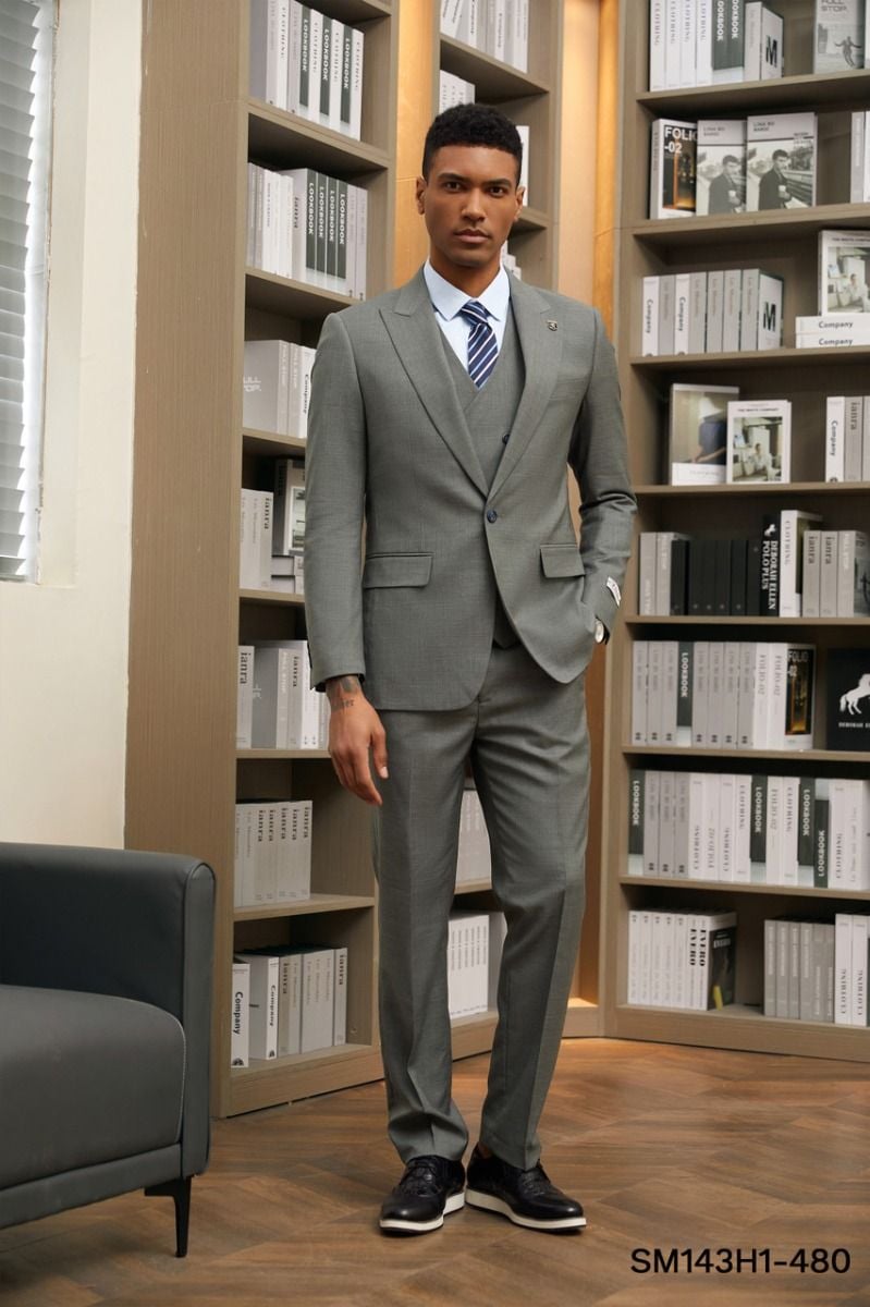 Stacy Adams Men's Hybrid Suit: Light Pattern 3-Piece - 38 Short Jacket+32 Waist Adjustable 28to34)(Height: 5 4 to5 7 )(Neck 15-16.5)S-M)