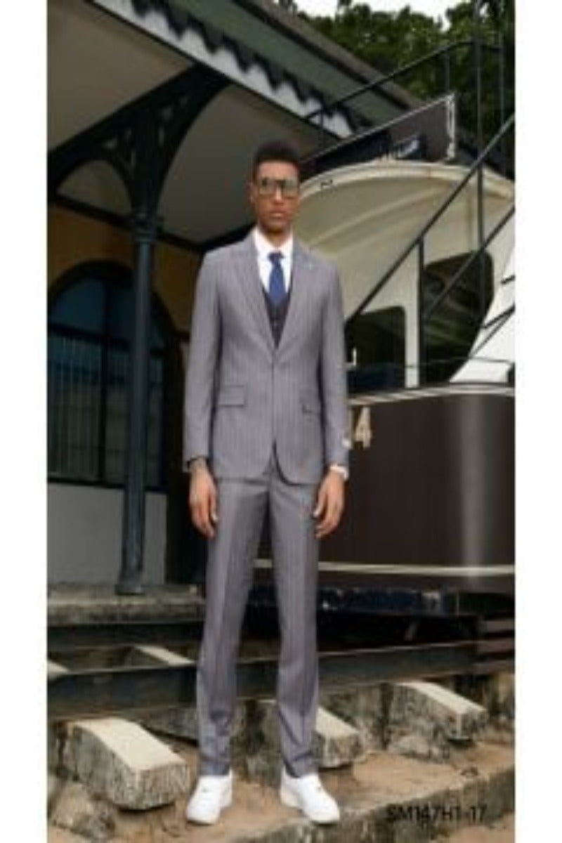 Stacy Adams Men's 3-Piece Pinstripe Hybrid Suit - 38 Short Jacket+32 Waist Adjustable 28to34)(Height: 5 4 to5 7 )(Neck 15-16.5)S-M)
