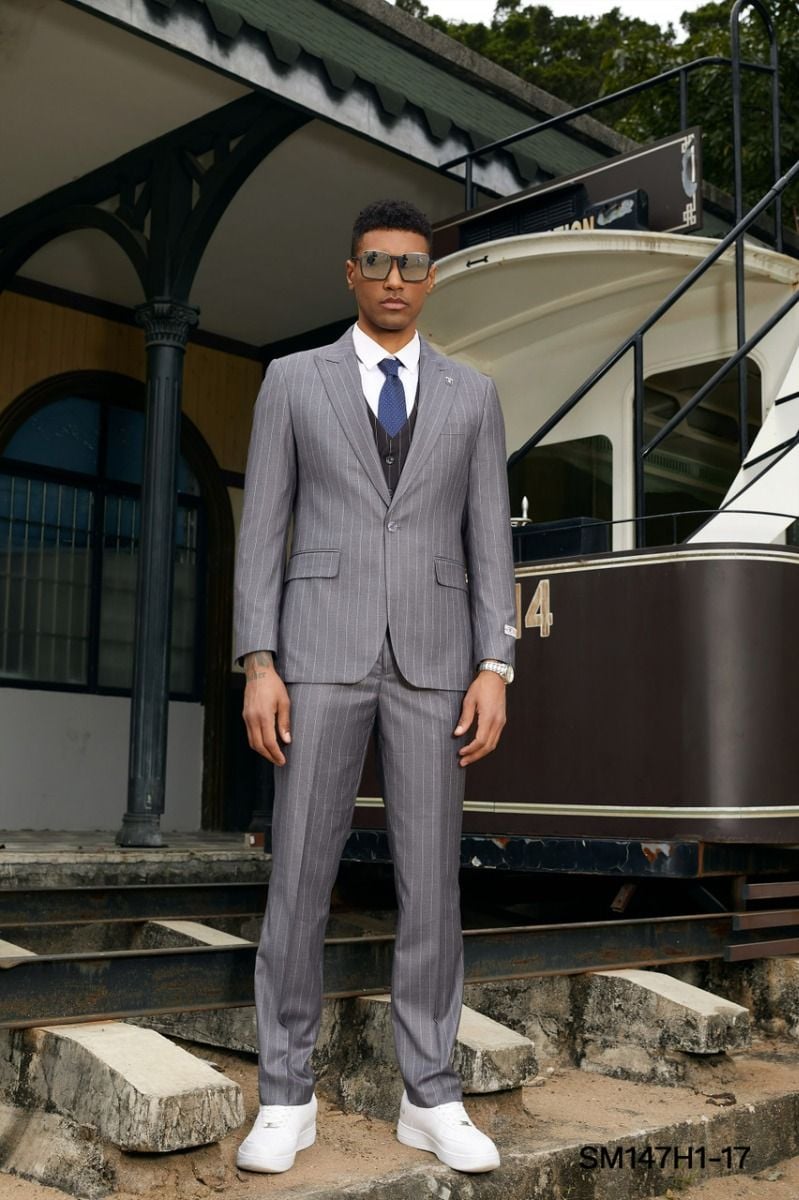 Stacy Adams Men's 3-Piece Pinstripe Hybrid Suit - 38 Short Jacket+32 Waist Adjustable 28to34)(Height: 5 4 to5 7 )(Neck 15-16.5)S-M)