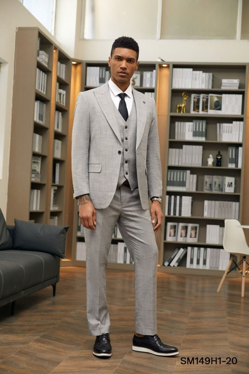 Stacy Adams Men's Hybrid 3pc Windowpane Suit Durable & Stylish - 38 Short Jacket+32 Waist Adjustable 28to34)(Height: 5 4 to5 7 )(Neck 15-16.5)S-M)