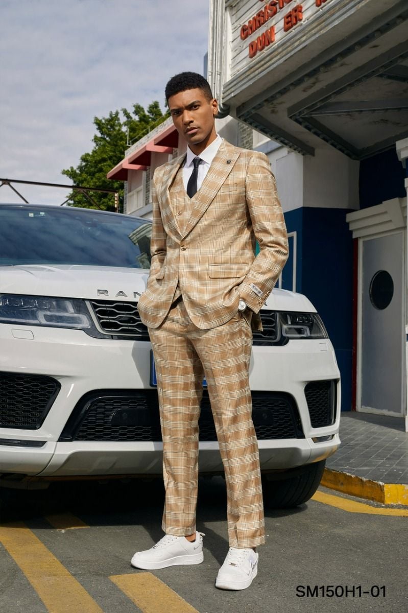 Stacy Adams Men's Glen Plaid Hybrid 3-Pc Suit: Professional Tailored Look - 38 Short Jacket+32 Waist Adjustable 28to34)(Height: 5 4 to5 7 )(Neck 15-16.5)S-M)