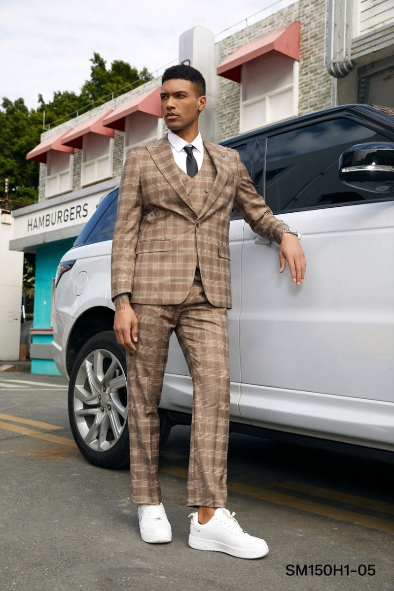 Stacy Adams Men's Glen Plaid Hybrid 3-Pc Suit: Professional Tailored Look - 38 Short Jacket+32 Waist Adjustable 28to34)(Height: 5 4 to5 7 )(Neck 15-16.5)S-M)