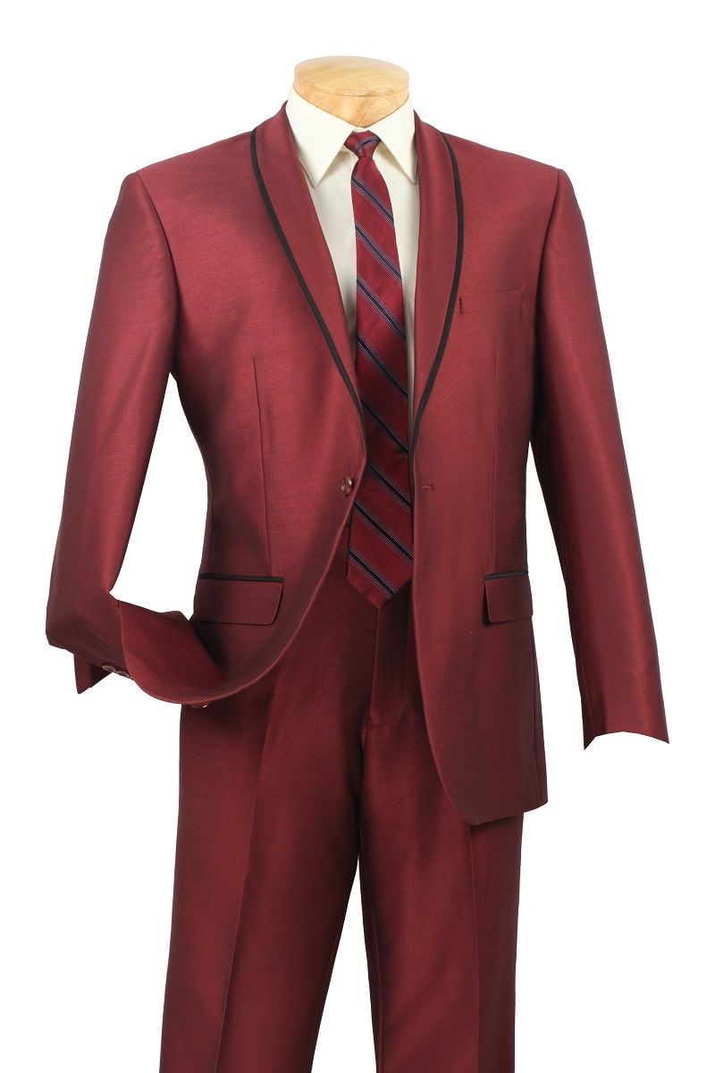 Vinci Men's Slim Fit Sharkskin Suit with Trimmed Shawl Lapel - 38 Short Jacket+32 Waist Adjustable 28to34)(Height: 5 4 to5 7 )(Neck 15-16.5)S-M)