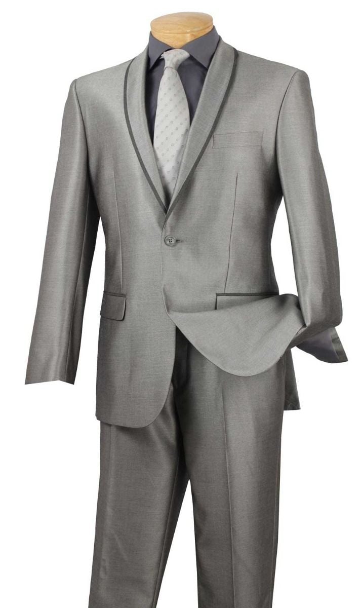 Vinci Men's Slim Fit Sharkskin Suit with Trimmed Shawl Lapel - 38 Short Jacket+32 Waist Adjustable 28to34)(Height: 5 4 to5 7 )(Neck 15-16.5)S-M)